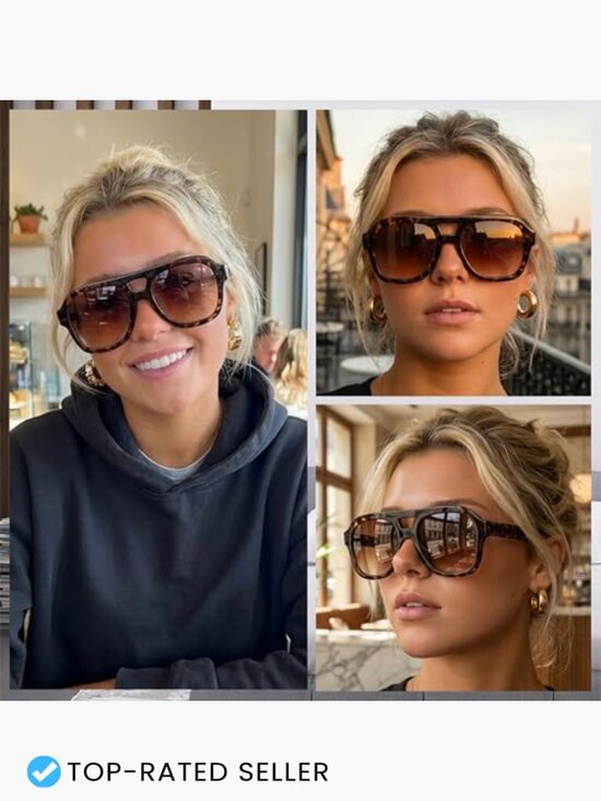 Vintage Aviator Sunglasses Double Bridge Large Square Thick Frame Retro